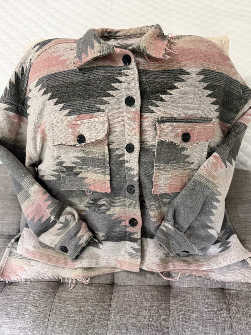 Frayed Aztec Print Button-Up Jacket